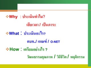 Why : ประเมินทาไม?
เสียเวลา / เป็นภาระ
What : ประเมินอะไร?
ตบช./ เกณฑ์ / O-NET
How : เตรียมอย่างไร ?
วัฒนธรรมคุณภาพ / วิถีชีวิต / พฤติกรรม
 