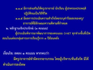 ๑.๑.๔ มีการส่งเสริมให้ครู/อาจารย์ นักเรียน ผู้ปกครองประพฤติ
ปฏิบัติจนเป็นวิถีชีวิต
๑.๑.๕ มีผลการประเมินความส้าเร็จโดยระบุค่าร้อยละของครู/
อาจารย์ที่มีลักษณะความดีตามที่ก้าหนด
๒. หลักฐานเชิงประจักษ์: (๓ คะแนน)
ผู้ประเมินพิจารณาพัฒนาการของคะแนน O-NET ทุกช่วงชั้นที่เปิด
สอนในแต่ละกลุ่มสาระการเรียนรู้จาก ๓ ปีย้อนหลัง
เงื่อนไข: ลดลง ๑ คะแนน หากพบว่า
มีครู/อาจารย์ท้าผิดจรรยาบรรณ โดยผู้บริหาร/ต้นสังกัด มิได้
ด้าเนินการลงโทษ
 