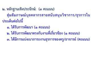 ๒. หลักฐานเชิงประจักษ์: (๓ คะแนน)
สุ่มสัมภาษณ์บุลคลากรสายสนับสนุนวิชาการ/ธุรการใน
ประเด็นต่อไปนี้
๑. ได้รับการพัฒนา (๑ คะแนน)
๒. ได้รับการพัฒนาตรงกับงานที่เกี่ยวข้อง (๑ คะแนน)
๓. ได้มีการแบ่งเบาภาระงานธุรการของครู/อาจารย์ (คะแนน)
 