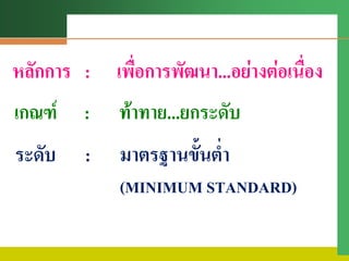 หลักการ : เพื่อการพัฒนา...อย่างต่อเนื่อง
ระดับ : มาตรฐานขั้นต่า
(MINIMUM STANDARD)
เกณฑ์ : ท้าทาย...ยกระดับ
 