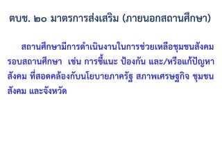 สถานศึกษามีการด้าเนินงานในการช่วยเหลือชุมชนสังคม
รอบสถานศึกษา เช่น การชี้แนะ ป้องกัน และ/หรือแก้ปัญหา
สังคม ที่สอดคล้องกับนโยบายภาครัฐ สภาพเศรษฐกิจ ชุมชน
สังคม และจังหวัด
ตบช. ๒๐ มาตรการส่งเสริม (ภายนอกสถานศึกษา)
 
