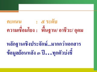 คะแนน : ๕ ระดับ
ความเชื่อมโยง : พื้นฐาน/ อาชีวะ/ อุดม
หลักฐานเชิงประจักษ์...มากกว่าเอกสาร
ข้อมูลย้อนหลัง ๓ ปี…ทุกตัวบ่งชี้
 