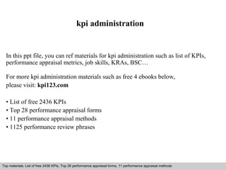 kpi administration 
In this ppt file, you can ref materials for kpi administration such as list of KPIs, 
performance appraisal metrics, job skills, KRAs, BSC… 
For more kpi administration materials such as free 4 ebooks below, 
please visit: kpi123.com 
• List of free 2436 KPIs 
• Top 28 performance appraisal forms 
• 11 performance appraisal methods 
• 1125 performance review phrases 
Top materials: List of free 2436 KPIs, Top 28 performance appraisal forms, 11 performance appraisal methods 
Interview questions and answers – free download/ pdf and ppt file 
 