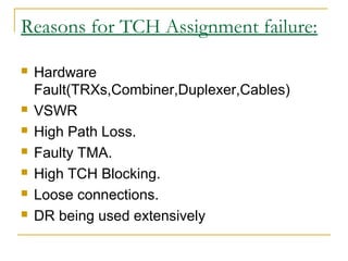 Reasons for TCH Assignment failure:
 Hardware
Fault(TRXs,Combiner,Duplexer,Cables)
 VSWR
 High Path Loss.
 Faulty TMA.
 High TCH Blocking.
 Loose connections.
 DR being used extensively
 