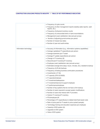 CONSTRUCTION & BUILDING PRODUCTS INDUSTRY I TABLE OF KEY PERFORMANCE INDICATORS

 Frequency of cycle counts
 Frequency of other management reports (weekly sales reports, cash
reports, etc.)
 Frequency of physical inventory counts
 Frequency of unreconciled items in bank reconciliations
 Management (user) satisfaction rate (annual survey)
 Number of adjusting journal entries per period
 Number of missed due dates
 Number of year end audit entries

Information technology

 Accuracy of information (e.g., information systems capabilities)
 Average capitalized IT expenditures per person
 Average downtime per IT asset
 Average IT update expenditures per person
 Change in IT inventory ($)
 Discontinued IT inventory/IT inventory
 Employee (user) satisfaction rate (annual survey)
 Estimated average time (days, hours, minutes, etc.) needed to backup
 Frequency of off site backups
 Frequency of testing business continuation procedures
 Investments in IT ($)
 IT capacity (CPU & DASD)
 IT capacity/employee
 IT investment/salesperson
 IT investment/service & support employee
 IT performance/employee
 Number of key systems that do not have a firm backup
 Number of users required to accept system modifications
 Number of users that interact with IT providers
 Orphan IT inventory/IT inventory
 PCs/employee (#)
 Percentage of IT expenditures to related total fixed asset costs
 Ratio of price paid for IT assets to price quoted (sample)
 Technology training and education expenses per employee
 Capacity of EDI system (#)
 Upgrades to EDI system
 Value of EDI system

Venkata Gubur

Senior Executive Vice President –DS Construction (Libya)
17

 