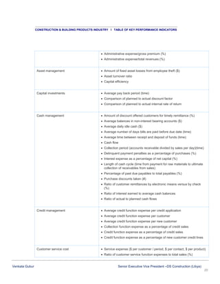 CONSTRUCTION & BUILDING PRODUCTS INDUSTRY I TABLE OF KEY PERFORMANCE INDICATORS

 Administrative expense/gross premium (%)
 Administrative expense/total revenues (%)

Asset management

 Amount of fixed asset losses from employee theft ($)
 Asset turnover ratio
 Capital efficiency

Capital investments

 Average pay back period (time)
 Comparison of planned to actual discount factor
 Comparison of planned to actual internal rate of return

Cash management

 Amount of discount offered customers for timely remittance (%)
 Average balances in non-interest bearing accounts ($)
 Average daily idle cash ($)
 Average number of days bills are paid before due date (time)
 Average time between receipt and deposit of funds (time)
 Cash flow
 Collection period (accounts receivable divided by sales per day)(time)
 Delinquent payment penalties as a percentage of purchases (%)
 Interest expense as a percentage of net capital (%)
 Length of cash cycle (time from payment for raw materials to ultimate
collection of receivables from sales)
 Percentage of past due payables to total payables (%)
 Purchase discounts taken (#)
 Ratio of customer remittances by electronic means versus by check
(%)
 Ratio of interest earned to average cash balances
 Ratio of actual to planned cash flows

Credit management

 Average credit function expense per credit application
 Average credit function expense per customer
 Average credit function expense per new customer
 Collection function expense as a percentage of credit sales
 Credit function expense as a percentage of credit sales
 Credit function expense as a percentage of new customer credit lines

Customer service cost

 Service expense ($ per customer / period, $ per contact, $ per product)
 Ratio of customer service function expenses to total sales (%)

Venkata Gubur

Senior Executive Vice President –DS Construction (Libya)
20

 