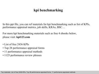 kpi benchmarking 
In this ppt file, you can ref materials for kpi benchmarking such as list of KPIs, 
performance appraisal metrics, job skills, KRAs, BSC… 
For more kpi benchmarking materials such as free 4 ebooks below, 
please visit: kpi123.com 
• List of free 2436 KPIs 
• Top 28 performance appraisal forms 
• 11 performance appraisal methods 
• 1125 performance review phrases 
Top materials: List of free 2436 KPIs, Top 28 performance appraisal forms, 11 performance appraisal methods 
Interview questions and answers – free download/ pdf and ppt file 
 