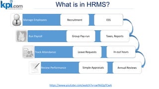 What is in HRMS?
https://www.youtube.com/watch?v=swYk62gTCwA
Manage Employees
Run Payroll
Track Attendance
Review Performance
Recruitment
Group Pay-run Taxes, Reports
Leave Requests
Simple Appraisals Annual Reviews
In-out hours
ESS
 
