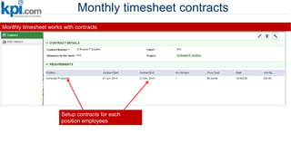 Monthly timesheet contracts
Monthly timesheet works with contracts
Setup contracts for each
position employees
 