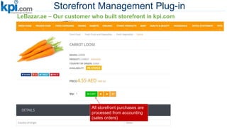 Storefront Management Plug-in
Manage products inside
Kpi.com
LeBazar.ae – Our customer who built storefront in kpi.com
All storefront purchases are
processed from accounting
(sales orders)
 