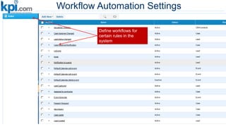 Workflow Automation Settings
Define workflows for
certain rules in the
system
 