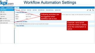 Workflow Automation Settings
Following activities can
be triggered when
workflow rule is true
Example: send email
customer every 2 weeks
once the subscription is
active
 