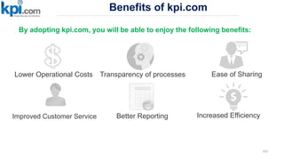 Benefits of kpi.com
162
By adopting kpi.com, you will be able to enjoy the following benefits:
Transparency of processesLower Operational Costs Ease of Sharing
Improved Customer Service Better Reporting Increased Efficiency
 
