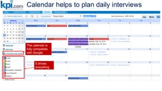 Calendar helps to plan daily interviews
The calendar is
fully compatible
with Google
It shows
everything
 