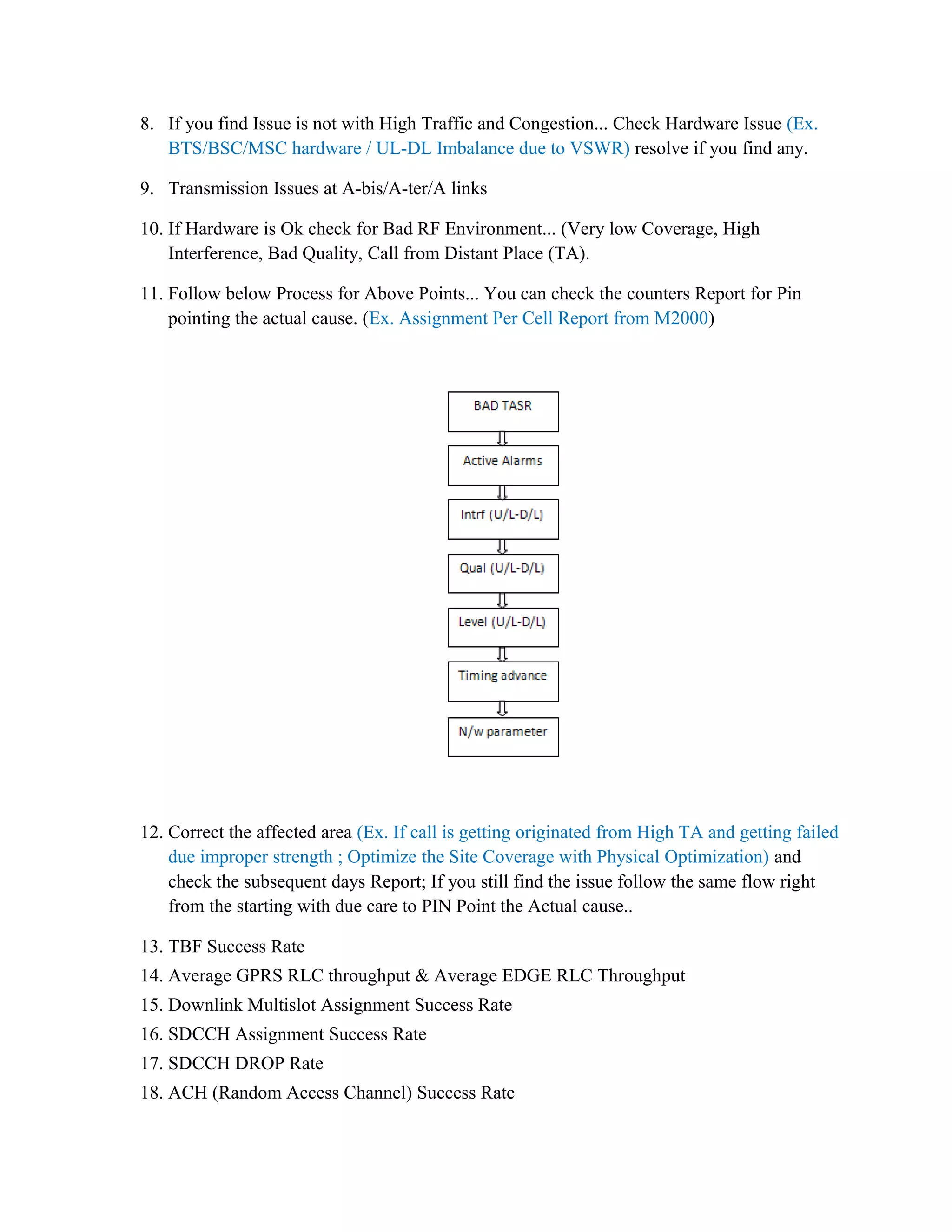 8. If you find Issue is not with High Traffic and Congestion... Check Hardware Issue (Ex.
BTS/BSC/MSC hardware / UL-DL Imbalance due to VSWR) resolve if you find any.
9. Transmission Issues at A-bis/A-ter/A links
10. If Hardware is Ok check for Bad RF Environment... (Very low Coverage, High
Interference, Bad Quality, Call from Distant Place (TA).
11. Follow below Process for Above Points... You can check the counters Report for Pin
pointing the actual cause. (Ex. Assignment Per Cell Report from M2000)
12. Correct the affected area (Ex. If call is getting originated from High TA and getting failed
due improper strength ; Optimize the Site Coverage with Physical Optimization) and
check the subsequent days Report; If you still find the issue follow the same flow right
from the starting with due care to PIN Point the Actual cause..
13. TBF Success Rate
14. Average GPRS RLC throughput & Average EDGE RLC Throughput
15. Downlink Multislot Assignment Success Rate
16. SDCCH Assignment Success Rate
17. SDCCH DROP Rate
18. ACH (Random Access Channel) Success Rate
 
