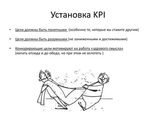 Установка KPI
• Цели должны быть понятными (особенно те, которые вы ставите другим)
• Цели должны быть разумными (не заниженными и достижимыми)
• Конкурирующие цели мотивируют на работу «здравого смысла»
(копать отсюда и до обеда, но при этом не вспотеть )
 