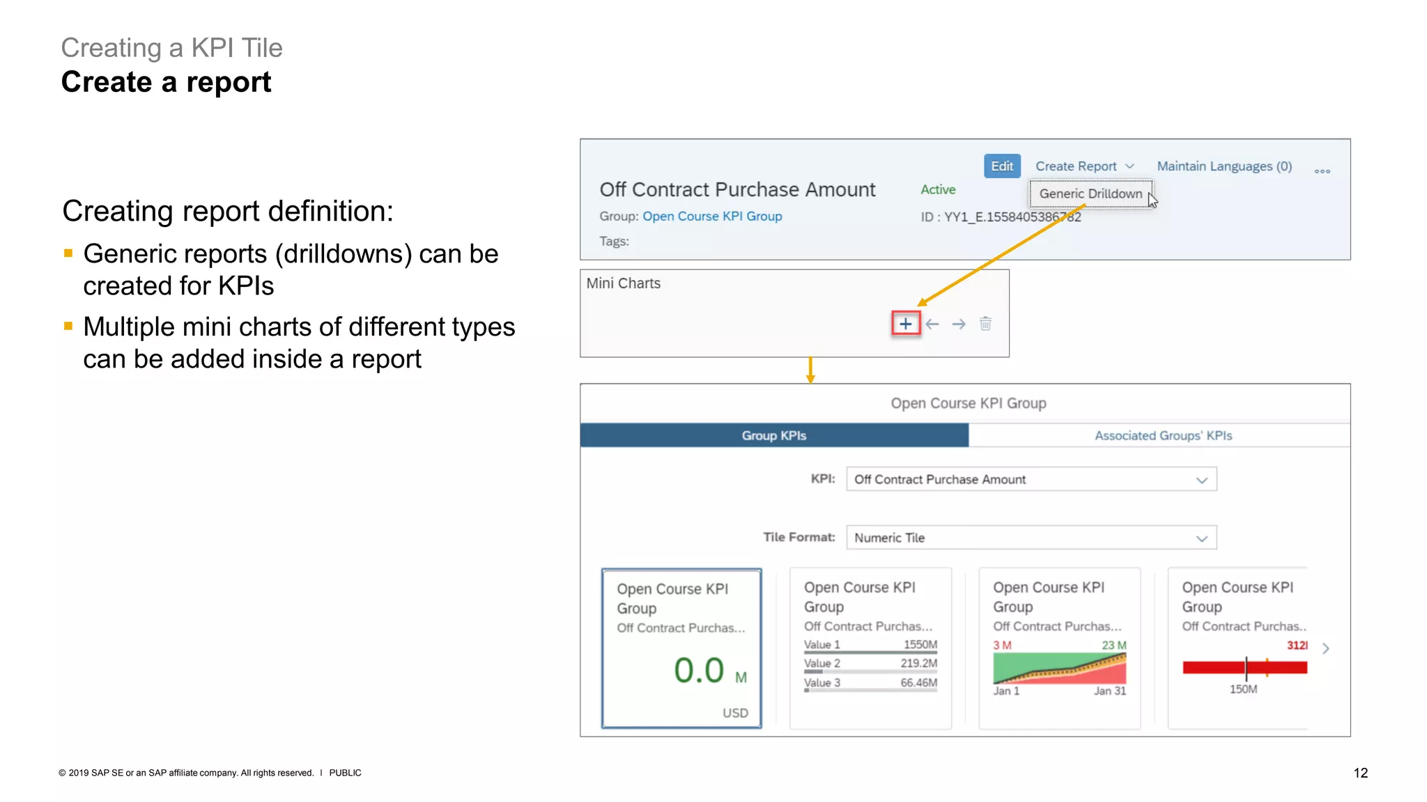 12
PUBLIC
© 2019 SAP SE or an SAP affiliate company. All rights reserved. ǀ
Creating a KPI Tile
Create a report
Creating report definition:
▪ Generic reports (drilldowns) can be
created for KPIs
▪ Multiple mini charts of different types
can be added inside a report
 