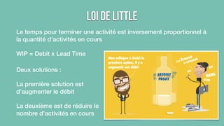 LOI de little 
Le temps pour terminer une activité est inversement proportionnel à 
la quantité d’activités en cours 
WIP = Debit x Lead Time 
Deux solutions : 
La première solution est 
d’augmenter le débit 
La deuxième est de réduire le 
nombre d’activités en cours 
 