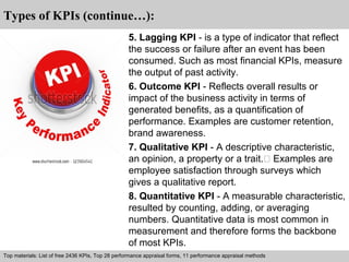 Types of KPIs (continue…): 
5. Lagging KPI - is a type of indicator that reflect 
the success or failure after an event has been 
consumed. Such as most financial KPIs, measure 
the output of past activity. 
6. Outcome KPI - Reflects overall results or 
impact of the business activity in terms of 
generated benefits, as a quantification of 
performance. Examples are customer retention, 
brand awareness. 
7. Qualitative KPI - A descriptive characteristic, 
an opinion, a property or a trait. Examples are 
employee satisfaction through surveys which 
gives a qualitative report. 
8. Quantitative KPI - A measurable characteristic, 
resulted by counting, adding, or averaging 
numbers. Quantitative data is most common in 
measurement and therefore forms the backbone 
of most KPIs. 
Top materials: List of free 2436 KPIs, Top 28 performance appraisal forms, 11 performance appraisal methods 
Interview questions and answers – free download/ pdf and ppt file 
