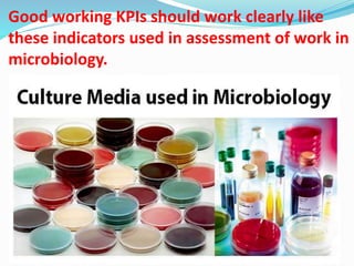 Good working KPIs should work clearly like
these indicators used in assessment of work in
microbiology.
 