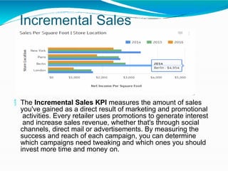 Incremental Sales
 The Incremental Sales KPI measures the amount of sales
you've gained as a direct result of marketing and promotional
activities. Every retailer uses promotions to generate interest
and increase sales revenue, whether that's through social
channels, direct mail or advertisements. By measuring the
success and reach of each campaign, you can determine
which campaigns need tweaking and which ones you should
invest more time and money on.
 