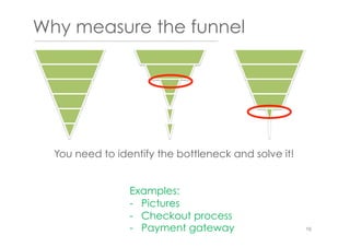 Why measure the funnel
You need to identify the bottleneck and solve it!
Examples:
-  Pictures
-  Checkout process
-  Payment gateway 16
 