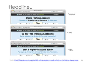 Headline..
Original
+30%
+15%
29Fonte: http://37signals.com/svn/posts/1525-writing-decisions-headline-tests-on-the-highrise-signup-page
 