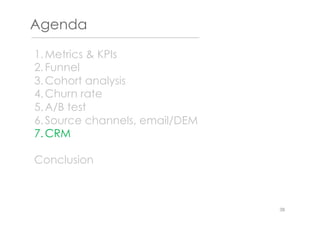 Agenda
1. Metrics & KPIs
2. Funnel
3. Cohort analysis
4. Churn rate
5. A/B test
6. Source channels, email/DEM
7. CRM
Conclusion
38
 