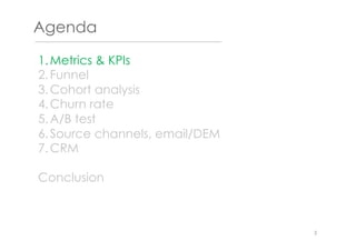 Agenda
1. Metrics & KPIs
2. Funnel
3. Cohort analysis
4. Churn rate
5. A/B test
6. Source channels, email/DEM
7. CRM
Conclusion
3
 