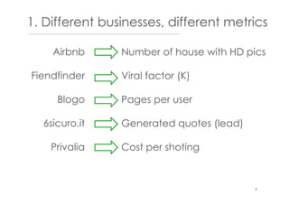 1. Different businesses, different metrics
Airbnb
Fiendfinder
Blogo
6sicuro.it
Privalia
4
Number of house with HD pics
Viral factor (K)
Pages per user
Generated quotes (lead)
Cost per shoting
 