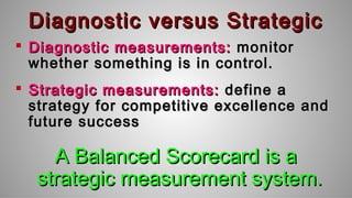 Diagnostic versus StrategicDiagnostic versus Strategic
 Diagnostic measurements:Diagnostic measurements: monitormonitor
whether something is in control.whether something is in control.
 Strategic measurements:Strategic measurements: define adefine a
strategy for competitive excellence andstrategy for competitive excellence and
future successfuture success
A Balanced Scorecard is aA Balanced Scorecard is a
strategic measurement system.strategic measurement system.
 