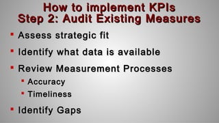 How to implement KPIsHow to implement KPIs
Step 2: Audit Existing MeasuresStep 2: Audit Existing Measures
 Assess strategic fitAssess strategic fit
 Identify what data is availableIdentify what data is available
 Review Measurement ProcessesReview Measurement Processes
 AccuracyAccuracy
 TimelinessTimeliness
 Identify GapsIdentify Gaps
 