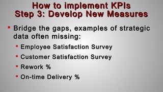 How to implement KPIsHow to implement KPIs
Step 3: Develop New MeasuresStep 3: Develop New Measures
 Bridge the gaps, examples of strategicBridge the gaps, examples of strategic
data often missing:data often missing:
 Employee Satisfaction SurveyEmployee Satisfaction Survey
 Customer Satisfaction SurveyCustomer Satisfaction Survey
 Rework %Rework %
 On-time Delivery %On-time Delivery %
 