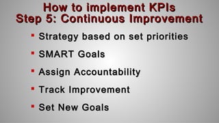How to implement KPIsHow to implement KPIs
Step 5: Continuous ImprovementStep 5: Continuous Improvement
 Strategy based on set prioritiesStrategy based on set priorities
 SMART GoalsSMART Goals
 Assign AccountabilityAssign Accountability
 Track ImprovementTrack Improvement
 Set New GoalsSet New Goals
 