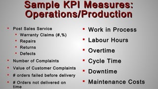 Sample KPI Measures:Sample KPI Measures:
Operations/ProductionOperations/Production
 Post Sales ServicePost Sales Service
 Warranty Claims (#,%)Warranty Claims (#,%)
 RepairsRepairs
 ReturnsReturns
 DefectsDefects
 Number of ComplaintsNumber of Complaints
 Value of Customer ComplaintsValue of Customer Complaints
 # orders failed before delivery# orders failed before delivery
 # Orders not delivered on# Orders not delivered on
timetime
 Work in ProcessWork in Process
 Labour HoursLabour Hours
 OvertimeOvertime
 Cycle TimeCycle Time
 DowntimeDowntime
 Maintenance CostsMaintenance Costs
 