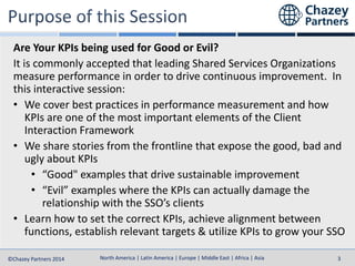 North America | Latin America | Europe | Middle East | Africa | Asia
North America | Latin America | Europe | Middle East | Africa | Asia©Chazey Partners 2014 3
Are Your KPIs being used for Good or Evil?
It is commonly accepted that leading Shared Services Organizations
measure performance in order to drive continuous improvement. In
this interactive session:
• We cover best practices in performance measurement and how
KPIs are one of the most important elements of the Client
Interaction Framework
• We share stories from the frontline that expose the good, bad and
ugly about KPIs
• “Good" examples that drive sustainable improvement
• “Evil” examples where the KPIs can actually damage the
relationship with the SSO’s clients
• Learn how to set the correct KPIs, achieve alignment between
functions, establish relevant targets & utilize KPIs to grow your SSO
 