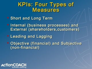 How should KPIs be used?
 Communication
 Informing
 Diagnostic
 Learning
 NOT controlling

 