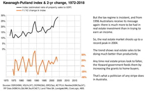 But the tax regime is insistent, and from
1996 Australians receive its message
again: there is much more to be had in
real estate investment than in trying to
earn an income.
So, the real estate market shoots up to a
record peak in 2004.
The trend shows real estate sales to be
doing much better than productivity
Any time real estate prices look to falter,
the Howard government feeds them by
increasing the grants to home buyers.
That’s what a politician of any stripe does
in Australia.
 