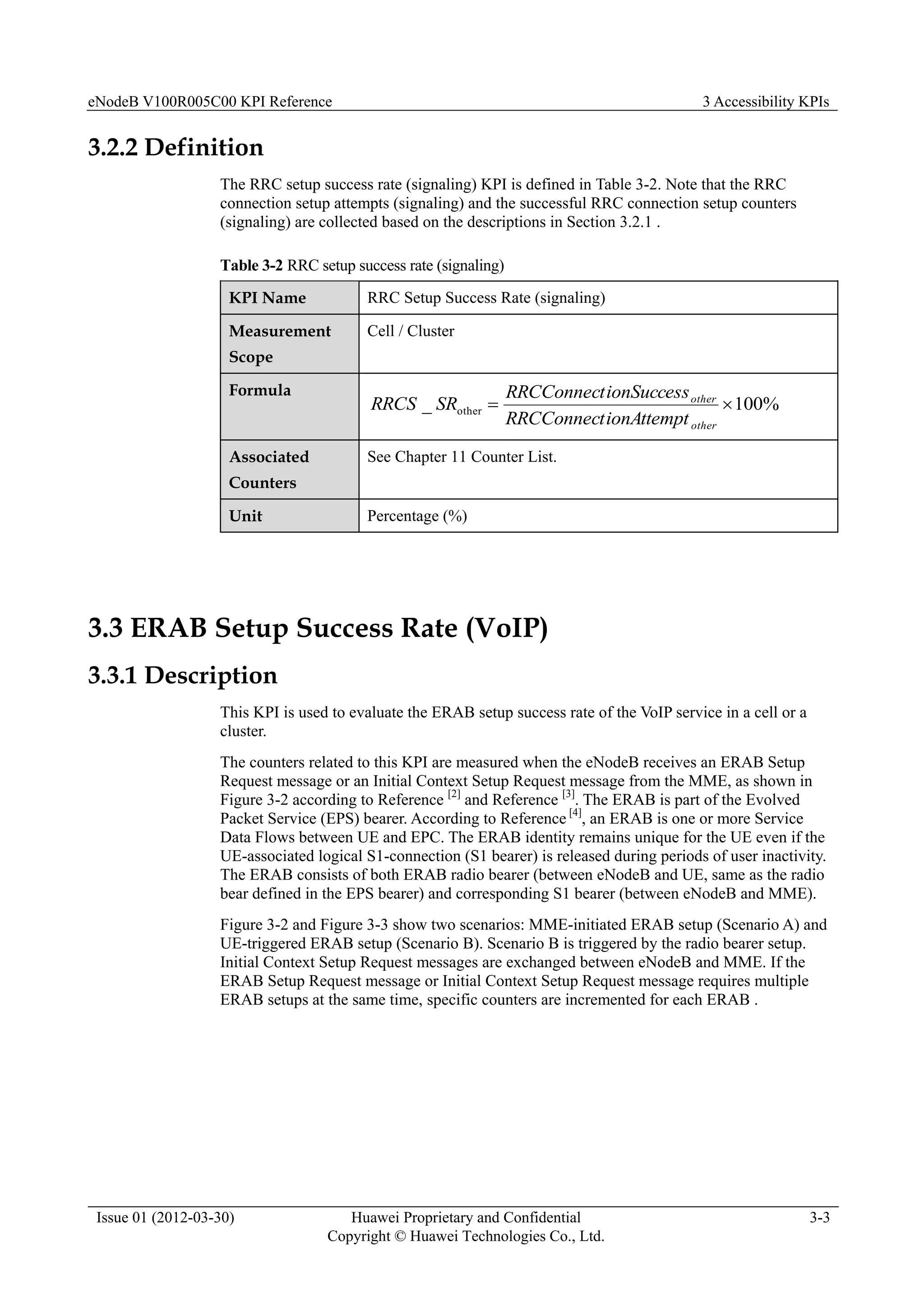 eNodeB V100R005C00 KPI Reference 3 Accessibility KPIs
Issue 01 (2012-03-30) Huawei Proprietary and Confidential
Copyright © Huawei Technologies Co., Ltd.
3-3
3.2.2 Definition
The RRC setup success rate (signaling) KPI is defined in Table 3-2. Note that the RRC
connection setup attempts (signaling) and the successful RRC connection setup counters
(signaling) are collected based on the descriptions in Section 3.2.1 .
Table 3-2 RRC setup success rate (signaling)
KPI Name RRC Setup Success Rate (signaling)
Measurement
Scope
Cell / Cluster
Formula
%
100
_ other 

other
other
ionAttempt
RRCConnect
ionSuccess
RRCConnect
SR
RRCS
Associated
Counters
See Chapter 11 Counter List.
Unit Percentage (%)
3.3 ERAB Setup Success Rate (VoIP)
3.3.1 Description
This KPI is used to evaluate the ERAB setup success rate of the VoIP service in a cell or a
cluster.
The counters related to this KPI are measured when the eNodeB receives an ERAB Setup
Request message or an Initial Context Setup Request message from the MME, as shown in
Figure 3-2 according to Reference [2]
and Reference [3]
. The ERAB is part of the Evolved
Packet Service (EPS) bearer. According to Reference [4]
, an ERAB is one or more Service
Data Flows between UE and EPC. The ERAB identity remains unique for the UE even if the
UE-associated logical S1-connection (S1 bearer) is released during periods of user inactivity.
The ERAB consists of both ERAB radio bearer (between eNodeB and UE, same as the radio
bear defined in the EPS bearer) and corresponding S1 bearer (between eNodeB and MME).
Figure 3-2 and Figure 3-3 show two scenarios: MME-initiated ERAB setup (Scenario A) and
UE-triggered ERAB setup (Scenario B). Scenario B is triggered by the radio bearer setup.
Initial Context Setup Request messages are exchanged between eNodeB and MME. If the
ERAB Setup Request message or Initial Context Setup Request message requires multiple
ERAB setups at the same time, specific counters are incremented for each ERAB .
 