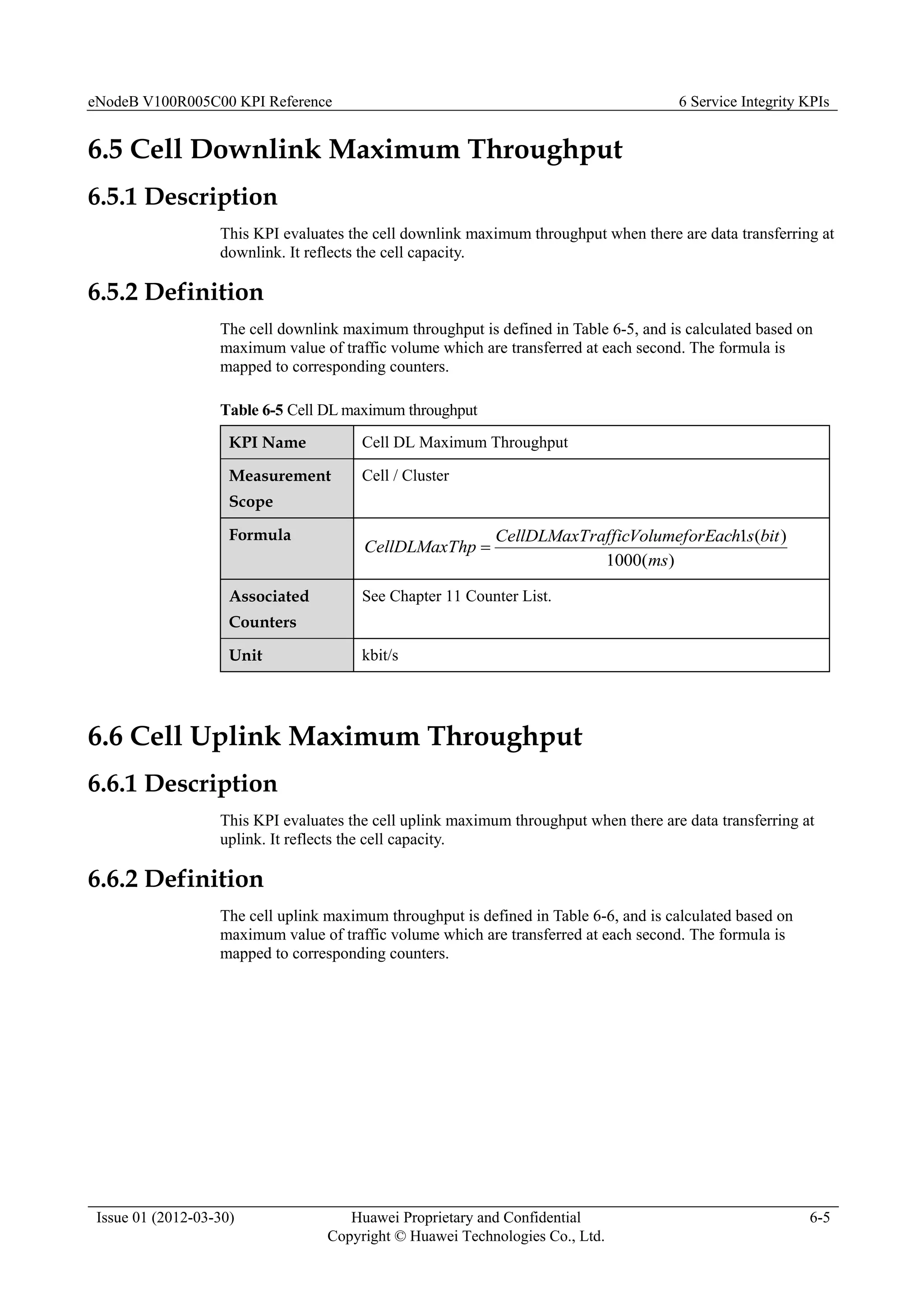 eNodeB V100R005C00 KPI Reference 6 Service Integrity KPIs
Issue 01 (2012-03-30) Huawei Proprietary and Confidential
Copyright © Huawei Technologies Co., Ltd.
6-5
6.5 Cell Downlink Maximum Throughput
6.5.1 Description
This KPI evaluates the cell downlink maximum throughput when there are data transferring at
downlink. It reflects the cell capacity.
6.5.2 Definition
The cell downlink maximum throughput is defined in Table 6-5, and is calculated based on
maximum value of traffic volume which are transferred at each second. The formula is
mapped to corresponding counters.
Table 6-5 Cell DL maximum throughput
KPI Name Cell DL Maximum Throughput
Measurement
Scope
Cell / Cluster
Formula
)
(
1000
)
(
1
ms
bit
s
meforEach
rafficVolu
CellDLMaxT
hp
CellDLMaxT 
Associated
Counters
See Chapter 11 Counter List.
Unit kbit/s
6.6 Cell Uplink Maximum Throughput
6.6.1 Description
This KPI evaluates the cell uplink maximum throughput when there are data transferring at
uplink. It reflects the cell capacity.
6.6.2 Definition
The cell uplink maximum throughput is defined in Table 6-6, and is calculated based on
maximum value of traffic volume which are transferred at each second. The formula is
mapped to corresponding counters.
 