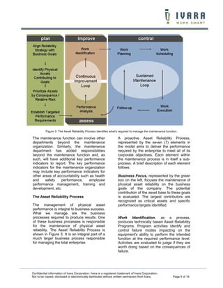 Figure 3: The Asset Reliability Process identifies what's required to manage the maintenance function.

The maintenance function can involve other                          A proactive Asset Reliability Process,
departments beyond the maintenance                                  represented by the seven (7) elements in
organization. Similarly, the maintenance                            the model aims to deliver the performance
department has added responsibilities                               required by the enterprise to meet all of its
beyond the maintenance function and, as                             corporate objectives. Each element within
such, will have additional key performance                          the maintenance process is in itself a sub-
indicators to report. The key performance                           process. A brief description of each element
indicators for the maintenance organization                         follows:
may include key performance indicators for
other areas of accountability such as health                        Business Focus, represented by the green
and     safety    performance,     employee                         box on the left, focuses the maintenance of
performance management, training and                                physical asset reliability on the business
development, etc.                                                   goals of the company. The potential
                                                                    contribution of the asset base to these goals
The Asset Reliability Process                                       is evaluated. The largest contributors are
                                                                    recognized as critical assets and specific
The management of physical asset                                    performance targets identified.
performance is integral to business success.
What we manage are the business
processes required to produce results. One                          Work Identification, as a process,
of these business processes is responsible                          produces technically based Asset Reliability
for the maintenance of physical asset                               Programs. Program activities identify and
reliability. The Asset Reliability Process is                       control failure modes impacting on the
shown in Figure 3. It is an integral part of a                      equipment's ability to perform the intended
much larger business process responsible                            function at the required performance level.
for managing the total enterprise.                                  Activities are evaluated to judge if they are
                                                                    worth doing based on the consequences of
                                                                    failure.




Confidential information of Ivara Corporation. Ivara is a registered trademark of Ivara Corporation.
Not to be copied, disclosed or electronically distributed without written permission from Ivara.            Page 5 of 16
 