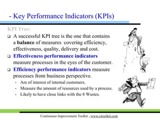 Continuous Improvement Toolkit . www.citoolkit.com
KPI Tree:
- KPIs
Purchasing
Board of Directors / GM
Marketing
Production
Processing
Planning
HR Operation Finance
Assembly Packaging
PI-1, PI-2, PI-3
 