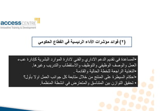 (
2
)
‫الحكومي‬ ‫القطاع‬ ‫في‬ ‫الرئيسية‬ ‫األداء‬ ‫مؤشرات‬ ‫فوائد‬
•
‫ال‬ ‫والفني‬ ‫االدار‬ ‫الدعم‬ ‫تقديم‬ ‫في‬ ‫المساعدة‬
‫البشريا‬ ‫الموارد‬ ‫دارة‬
‫ك‬
‫عبء‬ ‫إدارة‬
‫والتوظيف‬ ‫الوظيفي‬ ‫والوصف‬ ‫العمل‬
‫ا‬ ‫وغير‬ ‫والتدريب‬ ‫واالستقطاب‬
.
•
‫الراجعا‬ ‫التغذيا‬
‫الحاليا‬ ‫للخطا‬
‫والقادما‬
.
•
‫خالل‬ ‫م‬ ‫المنتج‬ ‫على‬ ‫السيطرة‬ ‫احكام‬
‫متابعا‬
‫بأول‬ ‫اوال‬ ‫العمل‬ ‫جوانب‬ ‫كل‬
‫؟‬
•
‫المتناسق‬ ‫بي‬ ‫التواز‬ ‫تحقيق‬
‫والمتعارض‬
‫المنظما‬ ‫انشطا‬ ‫في‬
.
 