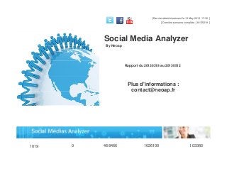 Social Media Analyzer
By Neoap
Rapport du 20130318 au 20130512
Plus d'informations :
contact@neoap.fr
[ Dernière semaine complète : 20135219 ]
[ Dernier rafraichissement le 13 May 2013 17:30 ]
1019 0 468466 1026100 103385
 