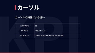 カーソル
カーソルの特性による違い
スマホアプリ 指
PC アプリ マウスカーソル
テレビアプリ スペーシャル・ナビゲーション・カーソル
 