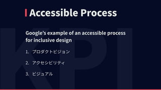 Accessible Process
Google’s example of an accessible process 
for inclusive design
1. プロダクトビジョン
2. アクセシビリティ
3. ビジュアル
 