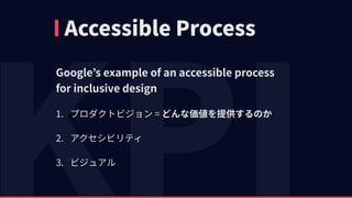 Accessible Process
Google’s example of an accessible process 
for inclusive design
1. プロダクトビジョン = どんな価値を提供するのか
2. アクセシビリティ
3. ビジュアル
 