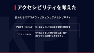 アクセシビリティを考えた
⾃分たちのプロダクトビジョンとアクセシビリティ
プロダクトビジョン 多くのコンテンツに出会う体験を提供する
アクセシビリティ
リモコンボタンを押す回数が最⼩限で 
コンテンツに出会うことができる
 
