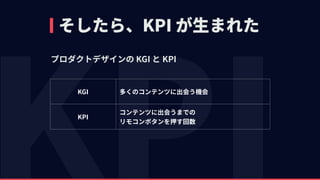 そしたら、KPI が⽣まれた
プロダクトデザインの KGI と KPI
KGI 多くのコンテンツに出会う機会
KPI
コンテンツに出会うまでの 
リモコンボタンを押す回数
 