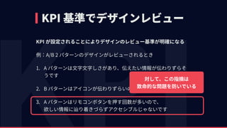 KPI 基準でデザインレビュー
KPI が設定されることによりデザインのレビュー基準が明確になる
例：A/B 2 パターンのデザインがレビューされるとき
1. A パターンは⽂字⽂字しさがあり、伝えたい情報が伝わりずらそ
うです
2. B パターンはアイコンが伝わりずらいので、A パターンが良いです
3. A パターンはリモコンボタンを押す回数が多いので、 
欲しい情報に辿り着きづらずアクセシブルじゃないです
対して、この指摘は 
致命的な問題を防いでいる
 